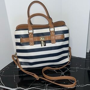 Navy blue and white stripe handbag